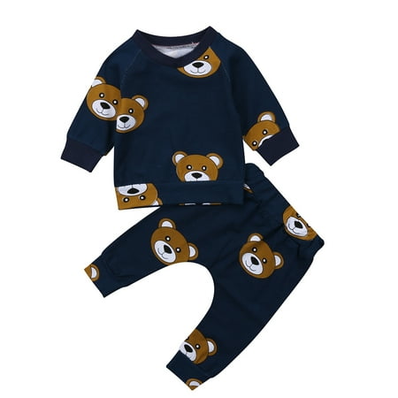 Bear Clothes Outfit - Little Toddler Baby Boy Girl Long Sleeve Bear Printed Clothes Outfits Set T-shirt Tops + Long Pants