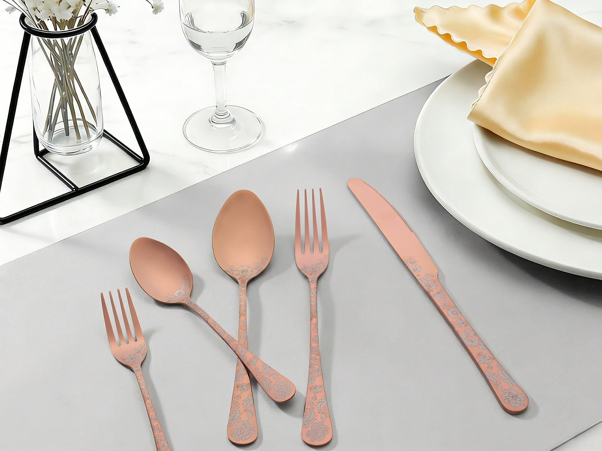 Unique Bargains 30-Pieces Floral Stainless Steel Flatware Set for 6 Rose Gold