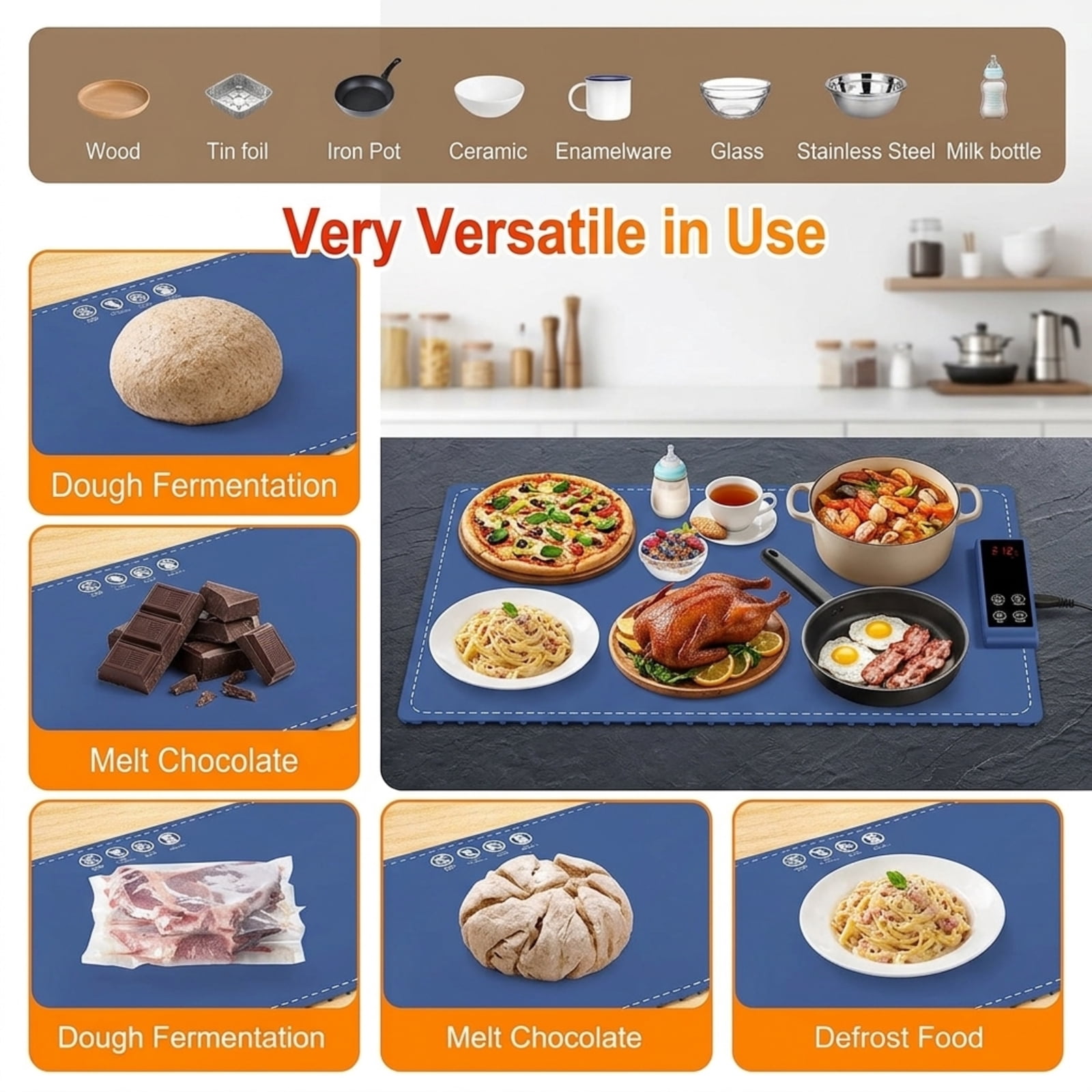 Fenbeli Food Warming Tray, Full-Surface Electric Heating Mat with 6 Temperature Levels, 5 Timer Settings, Foldable, Blue