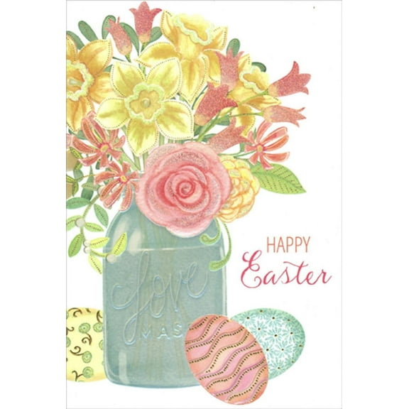 Pictura Pink and Yellow Flowers in Love Mason Jar Easter Card