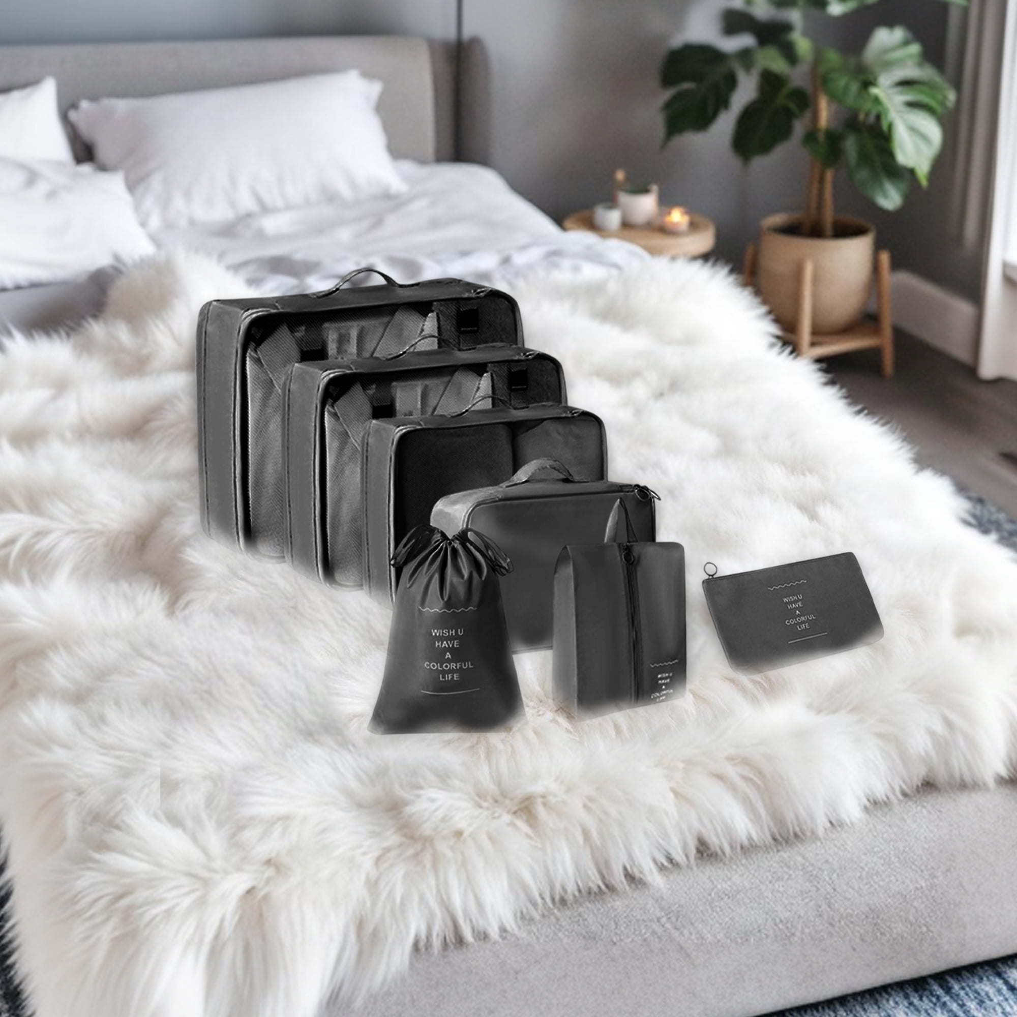 Unique Bargains Portable Packing Cube Set with 7 Different Sized Bags Black
