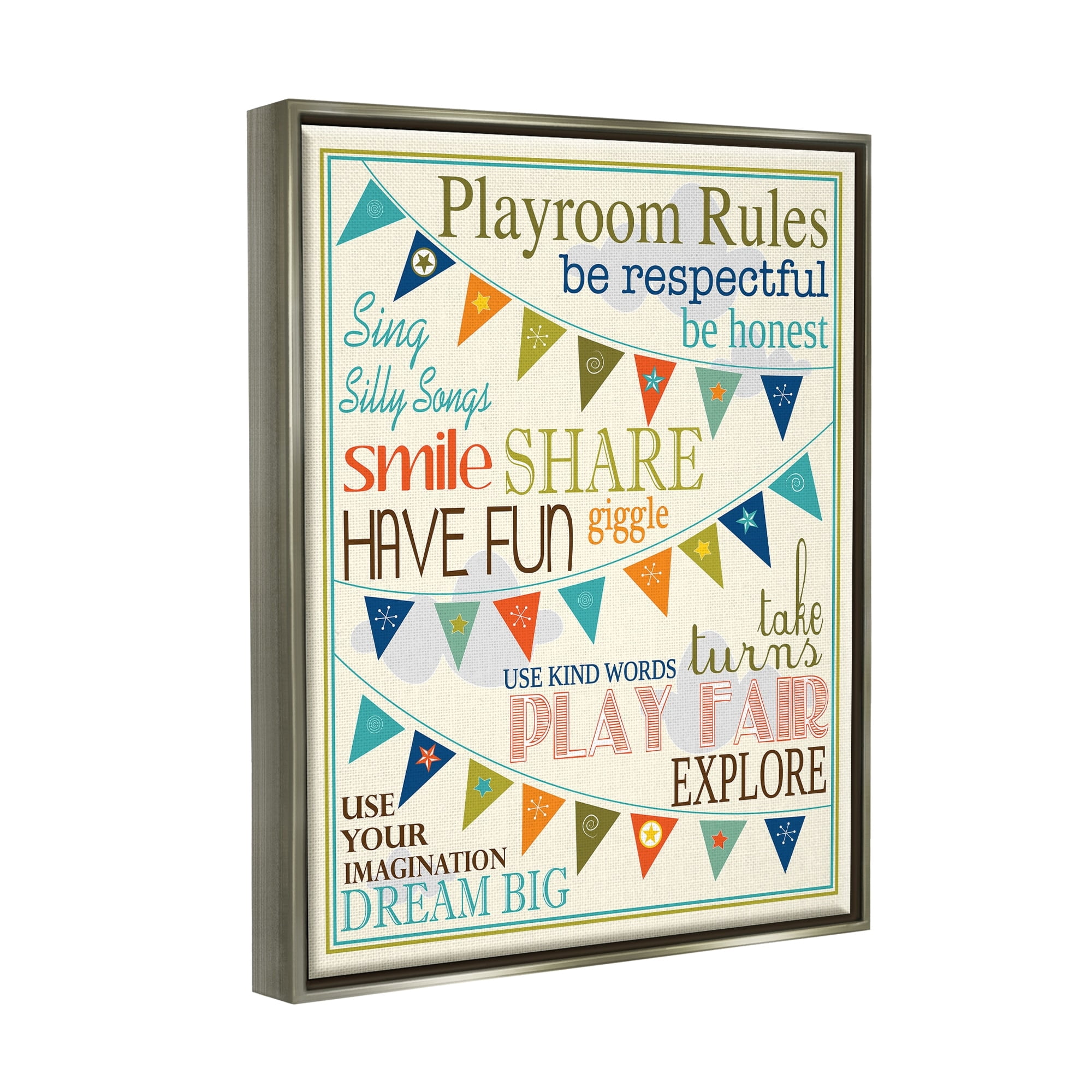 Stupell Industries Playroom Rules With Pennants In Blue Luster Gray Framed Floating Canvas Wall Art, 24x30, by Finny and Zook