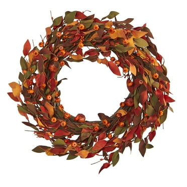 Nearly Natural 20in. Harvest Leaf and Mini Pumpkin Artificial Wreath