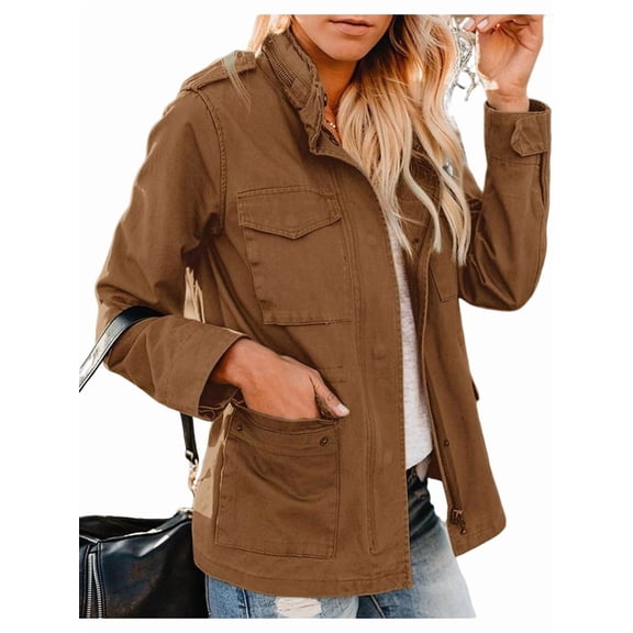 Katigan Women Anorak Jackets Zip Up Snap Buttons Parka Utility Coats Outwear with Pocket Brown L
