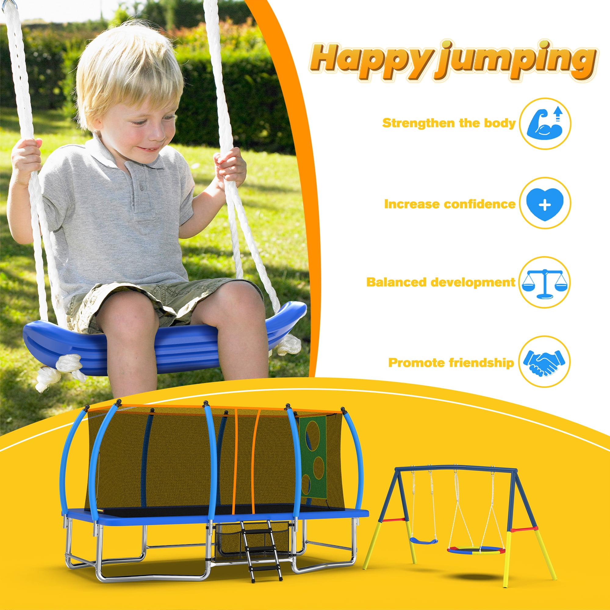 Mersco 10x16FT 4-in-1 Trampoline with Swing Set , Enclosure Net, Recreational Trampoline, Outdoor Kids and Adults Trampoline for Backyard, Beach, Birthday Gifts ,Blue