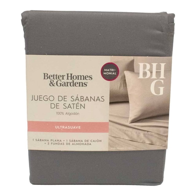 Juego de Sábanas Better Homes & Gardens 4 Piezas de Satén Tamaño Matrimonial Liso Gris de Franela