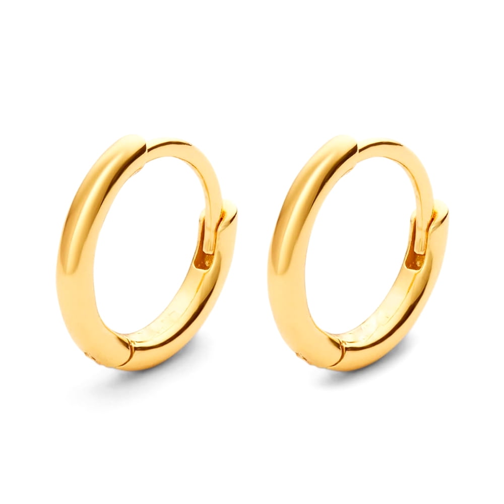 Classic Elegant Pure Solid 925 Sterling Silver Yellow Gold Plated Small 14mm Thin Hoops Earrings Unisex Trendy Cool Men Women Hypoallergenic Huggie Hoop Earrings