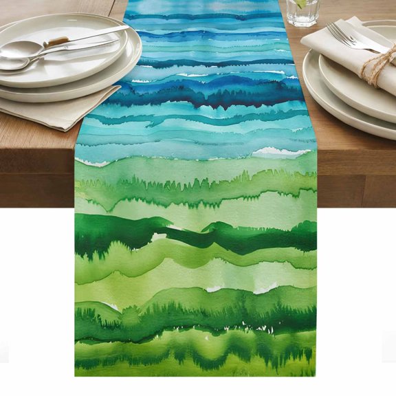 Blue Green Table Runner - 70 Inch Long, Kitchen Dining Table Runner Dresser Scarves, Gradient Watercolor Modern Abstract Art Farmhouse Decor for Coffee Tables Wedding Party Banquet