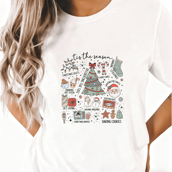 Women's Graphic Tee T-Shirt Top Tis The Season Christmas Icons Print Short Sleeve Round Neck White S-5XL