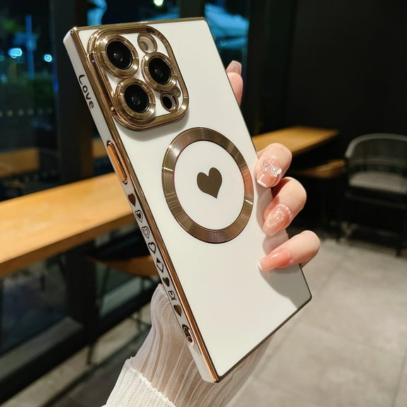 Allytechgroup for iPhone 14 Pro Cute Love Heart Pattern Phone Case, Compatible with MagSafe Plating Electroplated Soft TPU Slim Shockproof Dustproof Magnetic Case for iPhone 14 Pro, White