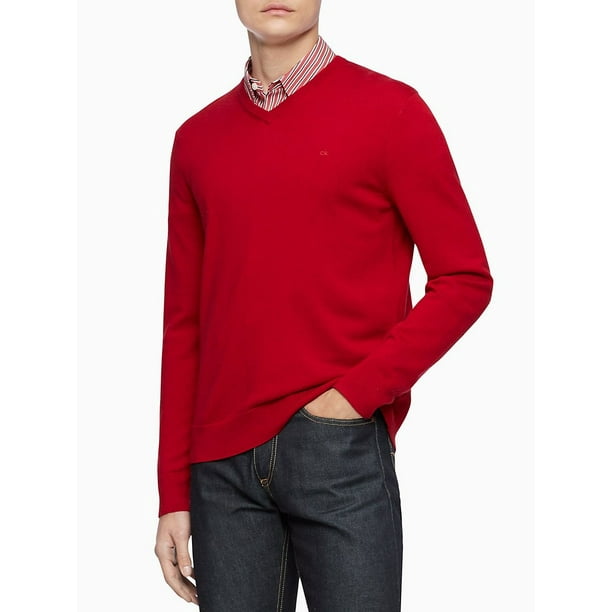 Calvin Klein Men's Merino V-Neck Sweater, Jester Red, Small 