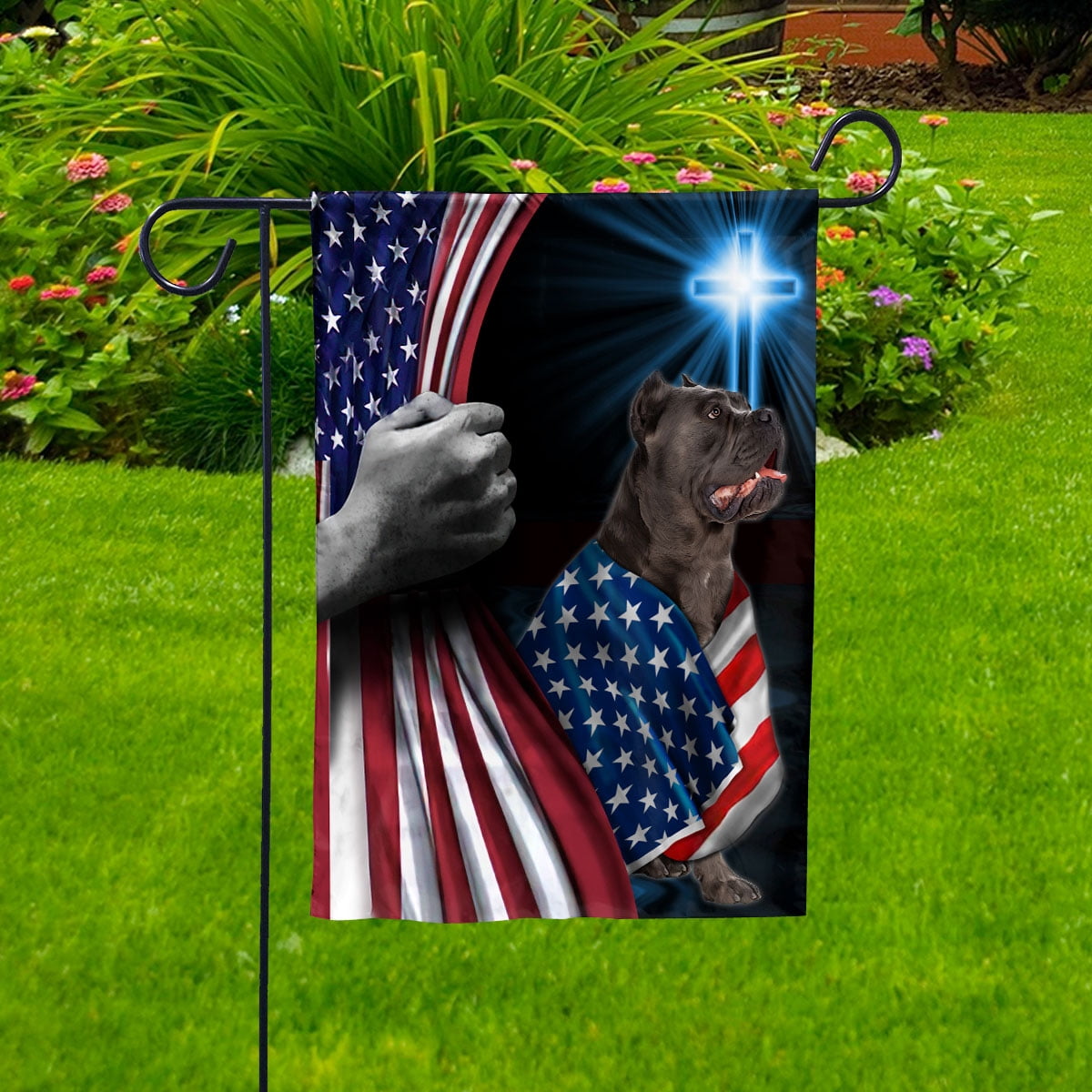 Hand Pulling USA Flag Cane Corso Dog Wearing Flag American Standing under Cross Christian Patriotic Garden Flag (2x3) Double Sided- Premium Polyester-Decorative Indoor Outdoor Flag