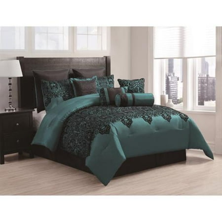 Mischa 10 Piece Damask Flocking Comforter Set Teal Black Mischa 10 Piece Damask Flocking Comforter Set Teal Black King