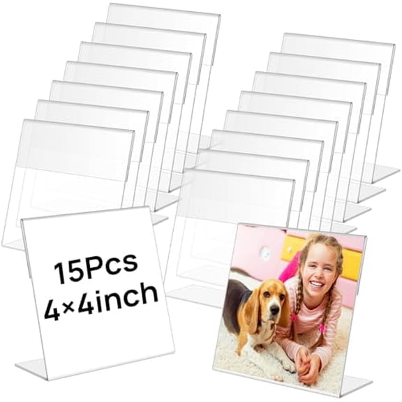 15 Pcs Acrylic Picture Frames,4 x 4 Inch Clear Picture Frame,Slant Back Photo Frames,Acrylic Sign Holder,Clear Sign Holder,L Shaped Display Stand for Home Office Wedding Desktop