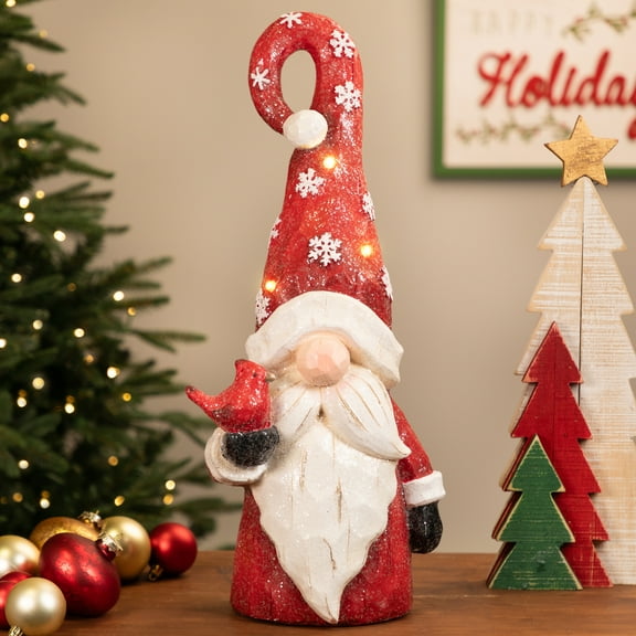 Gnome in Lighted Hat Holding Cardinal Christmas Decoration - 20" - LED Warm White Lights