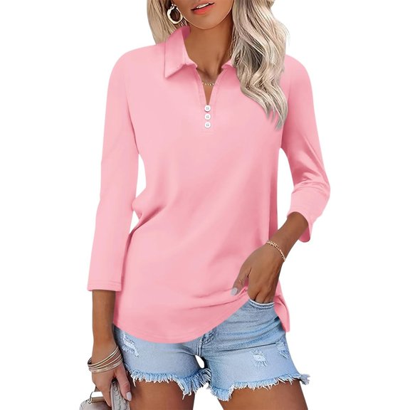 HCYSFG Womens Relaxed Fit Polo Shirts Notch Neck 3/4 Sleeve Solid Color Button Placket Side Slit Casual Golf Shirt Tops