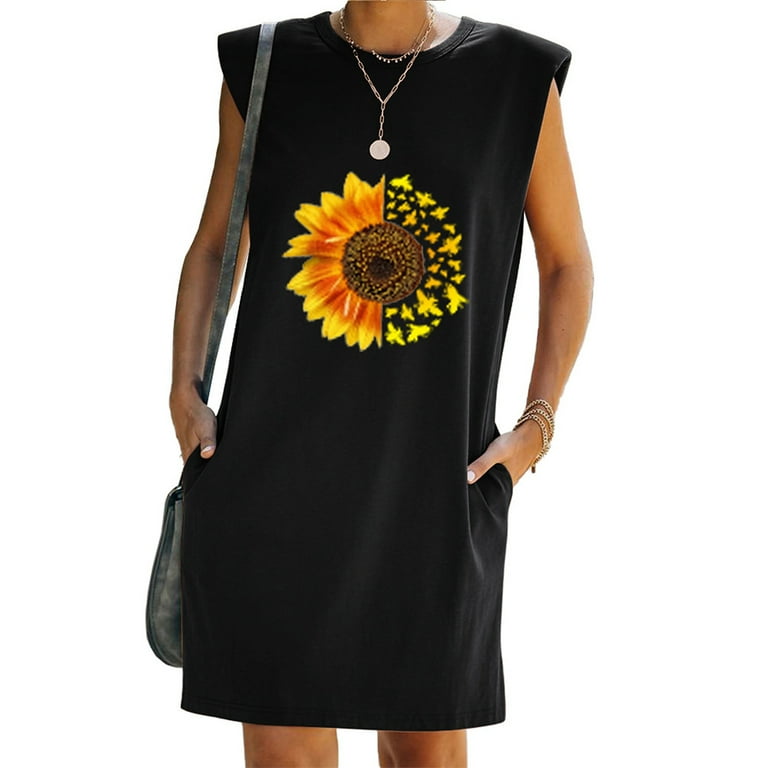 Eleluny Women Sunflower Print Midi Dress Sleeveless Loose Casual