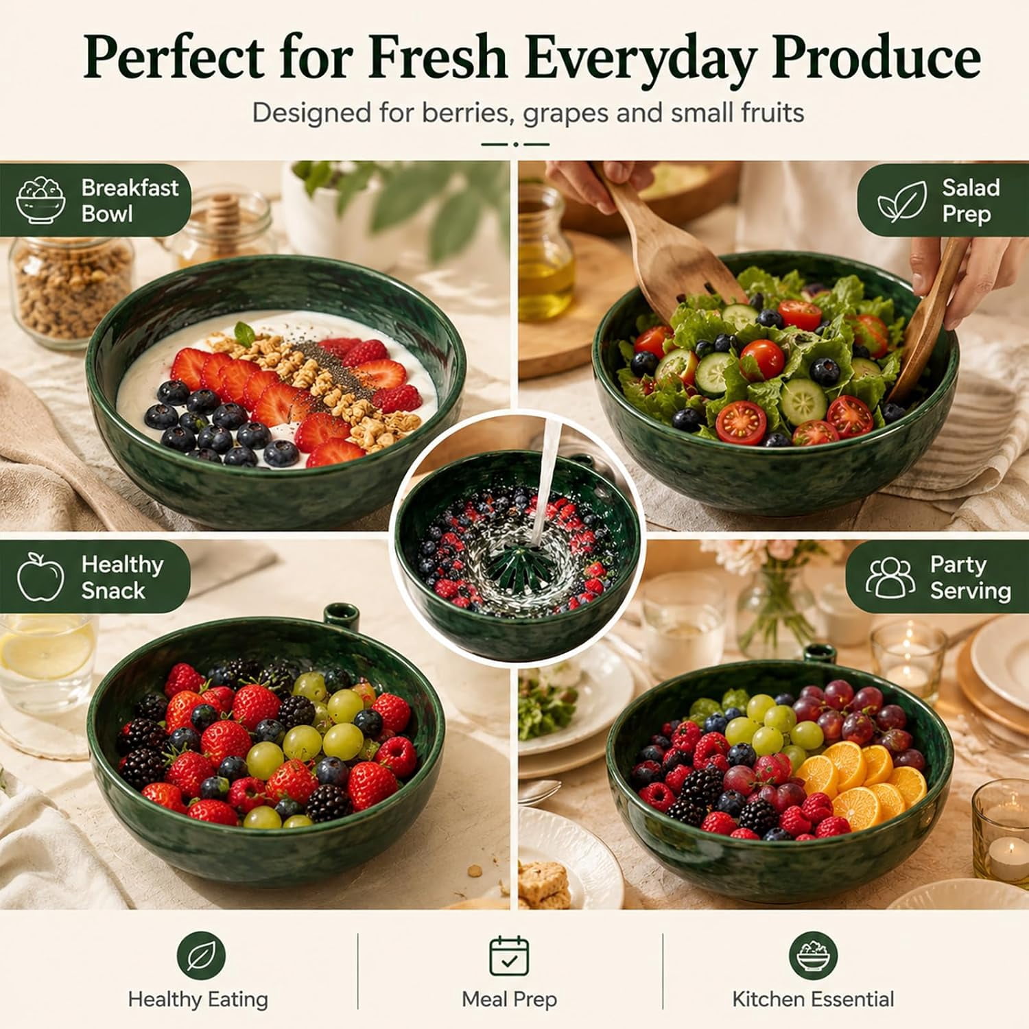 Ceramic Berry Washing Bowl with Water Vortex Design, Self Spinning Fruit Washer & Colander, Forest Green Glazed Berry Cleaner Bowl for Grapes, Blueberries, Strawberries & Small Produce (Green)