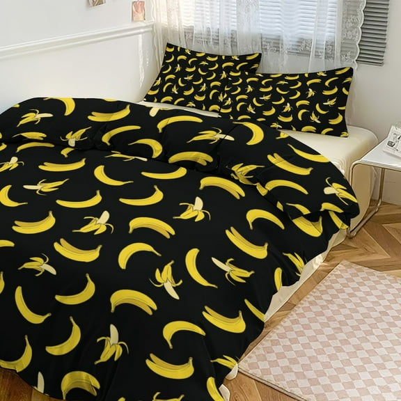 3 Pcs Soft Bedding Set, Includes 1 Duvet Cover with Zipper And 2 Pillow Shams,Bananas On Black Background Twin(86"x70")