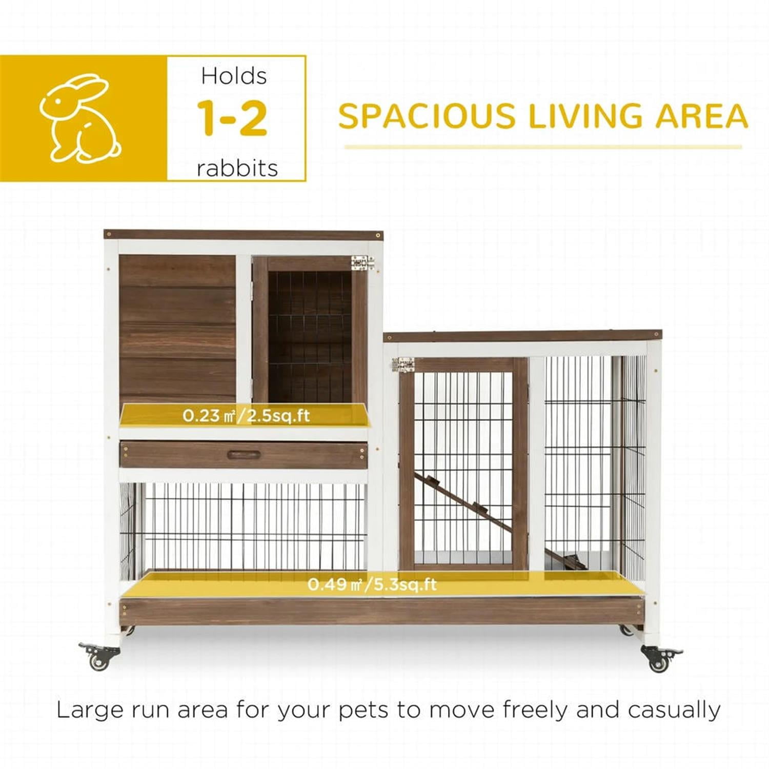 Kadyn 43" 2-tier Wooden Rabbit Hutch with Wheels and Slide-out Tray, Outdoor Small Animal Habitat Chicken Coop Bunny Cage for Bunnies, Guinea Pigs, Brown