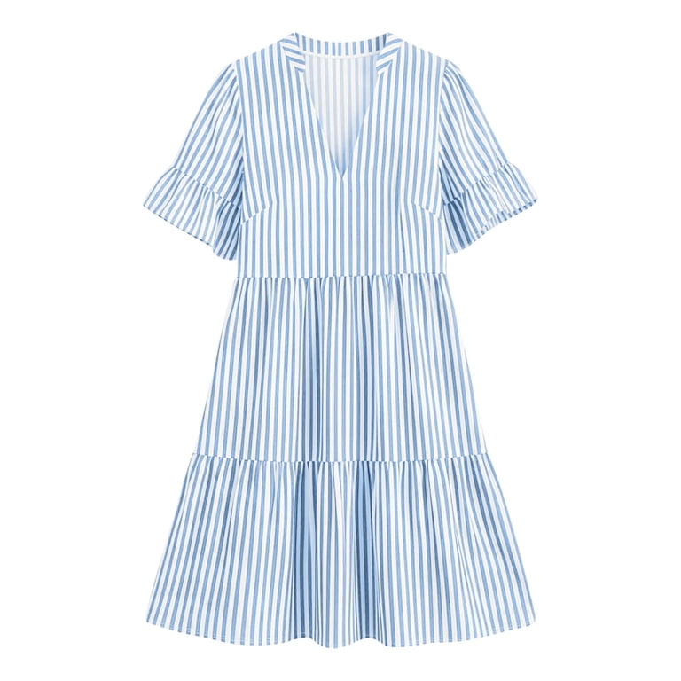blue and white striped smock dress Ntacza Tiered Hem Dresses for Women with Pockets Bell Smock Dress Notch V-Neck Short Beach Empire Waist Striped Blue, Women's, Size: Large