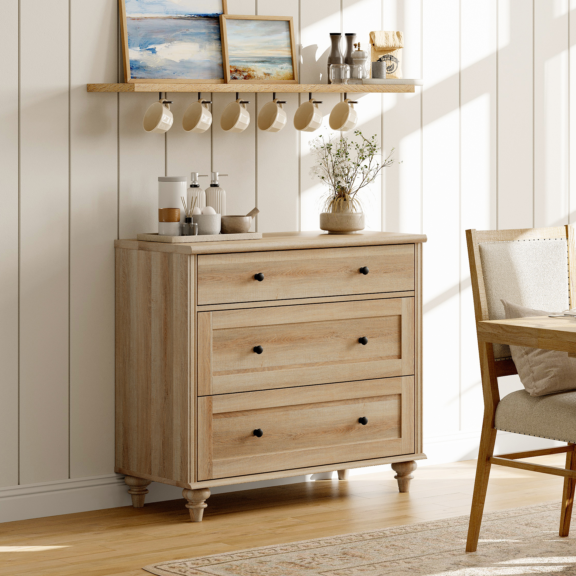 Farmhouse Dresser for Bedroom with 3 Drawers, Mid Century Modern Kids Dressers with Wood Closet Storage Organizer, Small Dressers for Nursery, Hallway, Living Room, Beige
