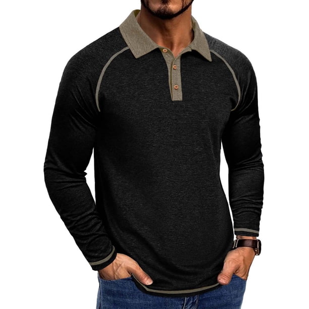 Blusa y camisa de manga larga con cuello vuelto para hombre, color liso, informal, a la moda, con botones, de poliéster