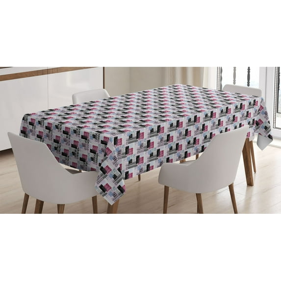 1990s Tablecloth, Repeating Memphis Style Composition Abstract Geometric Composition, Rectangle Satin Table Cover Accent for Dining Room and Kitchen, 60" X 90", Pink Ruby, by Ambesonne