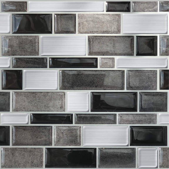 Main Street 10.5" x 10.5" Peel and Stick Wallpaper Backsplash Tile Black and Silver, 4 Pieces 4 Pack for Room, Kitchen