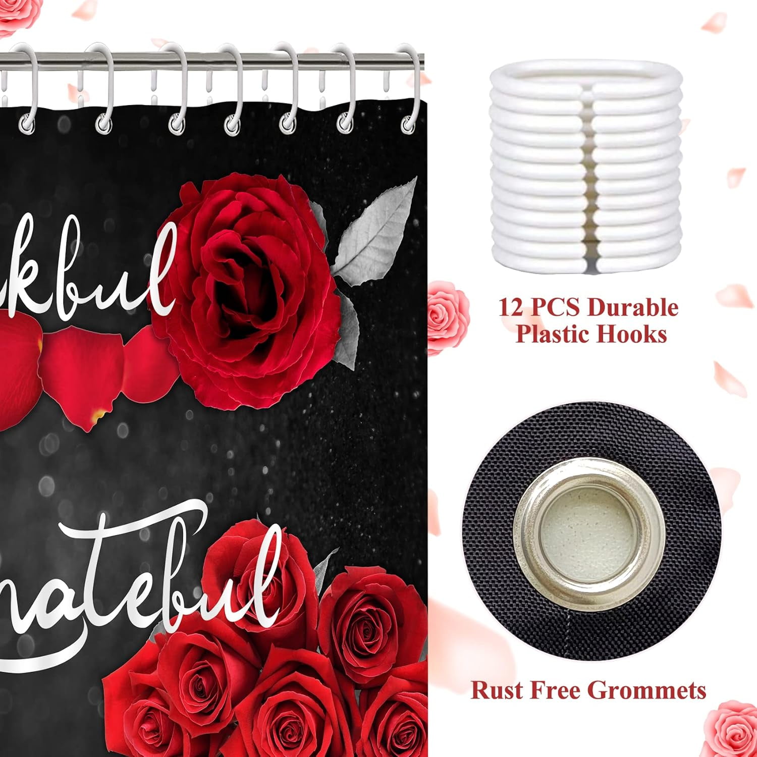 Red Rose Shower Curtain Sets, Thankful Grateful Blessed Bathroom Curtain with Non-Slip Rug, Toilet Lid Cover, Bath Mat and 12 Hooks, Romantic Showy Floral Wedding Decor for Bath