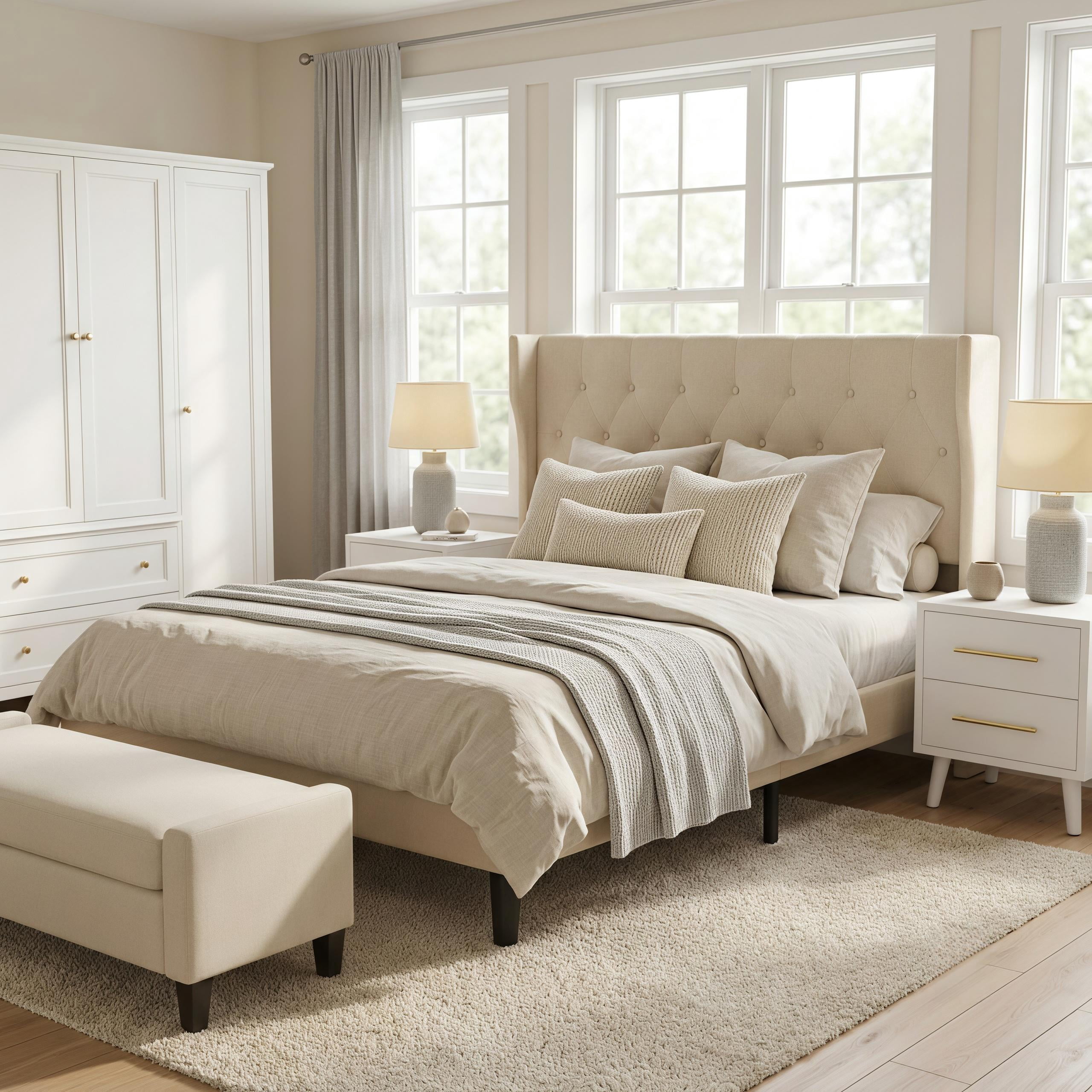 Noelse 3-Piece Bedroom Furniture Set, Full Size Bed Frame with Upholstered Headboard & 2 Nightstands, Under Bed Storage, Noise-Free, Beige and White