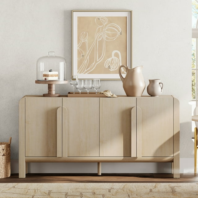 WAMPAT 63" Wide Large Buffet Cabinet with Storage, Modern Buffet Table, Coffee Bar, Wine Bar, Curved Cabinet with 4 Doors for Dining Room, Living Room, Kitchen, Light Oak