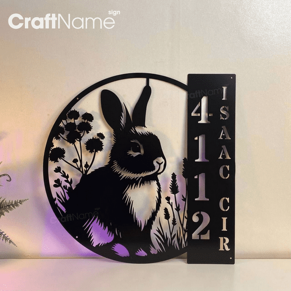 Craftnamesign Custom Rabbit Metal Address Sign, House Number Hanging Address Plaque