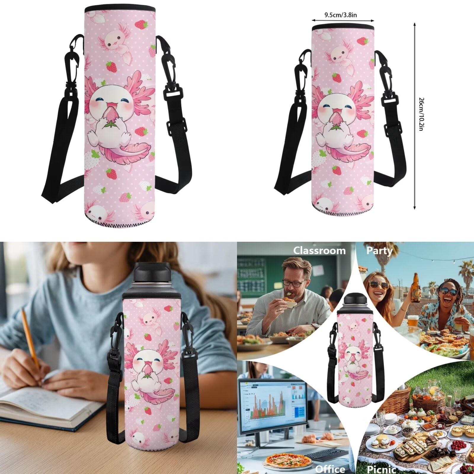 Pzuqiu Strawberry Axolotl School Backpack Set for Girls 8-12 4PCS Sports Bookbag Back Pack Lunch Bag with Pencil Box Water Bottle Holder 17 Inch Daypack Camping Bags for Teens