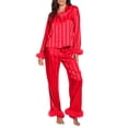 thumbnail image 2 of Vertical Stripes Women Long Sleeves Dress for Sleeping Women Pajamas Set Heart Print Satin Trim Long Sleeve Shirt Pants Set Pajama Sets, 2 of 5