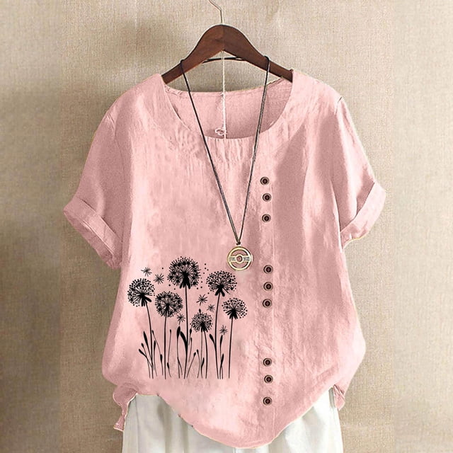 TaTaai Women's Everyday Casual Blouse, Linen Feel Round Neck T-Shirt, Short Sleeve Comfortable Top for All Occasions Gift