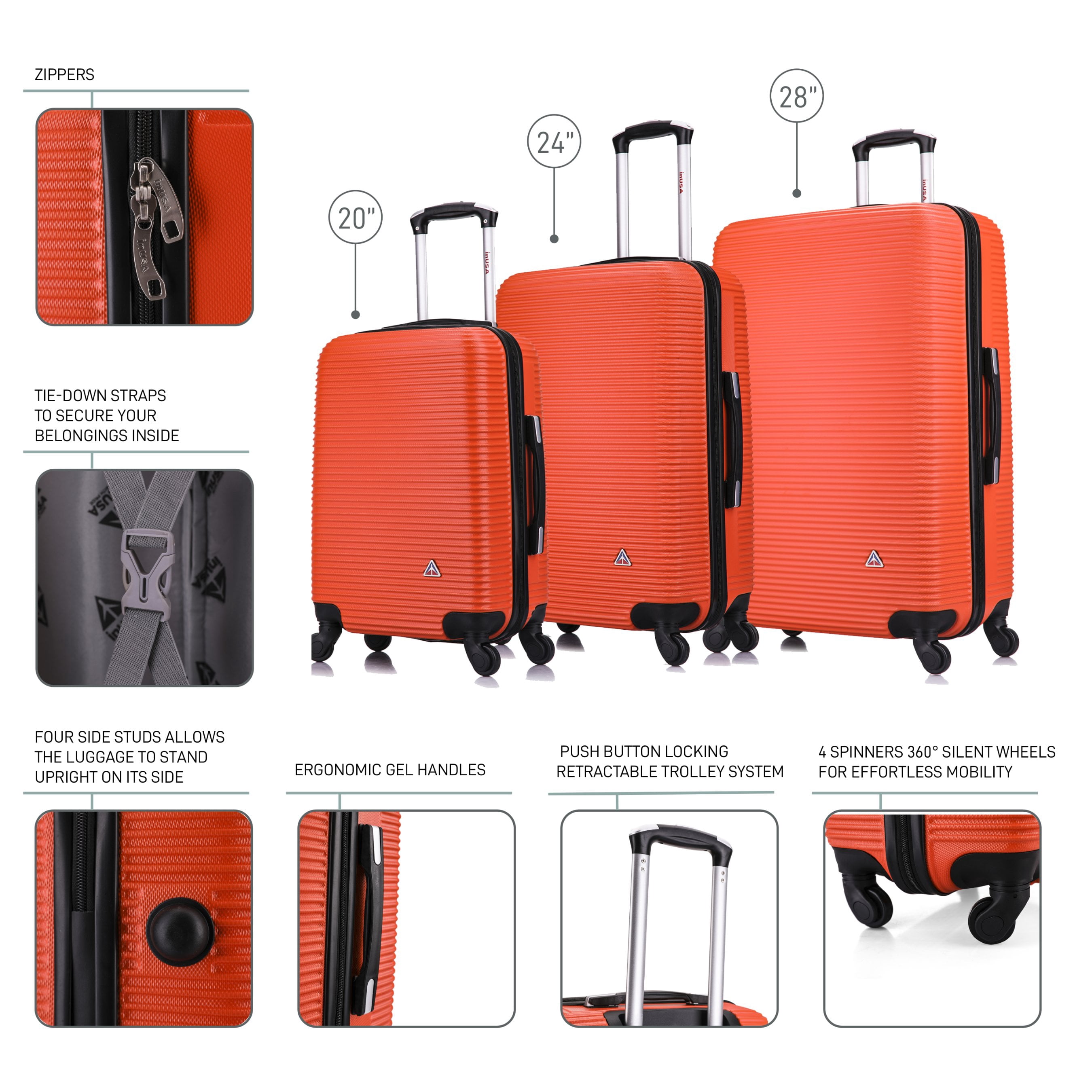 InUSA Royal 3-Piece Hardside Luggage Sets with Spinner Wheels, Handle, and Trolley, (20"/24"/28"), Orange