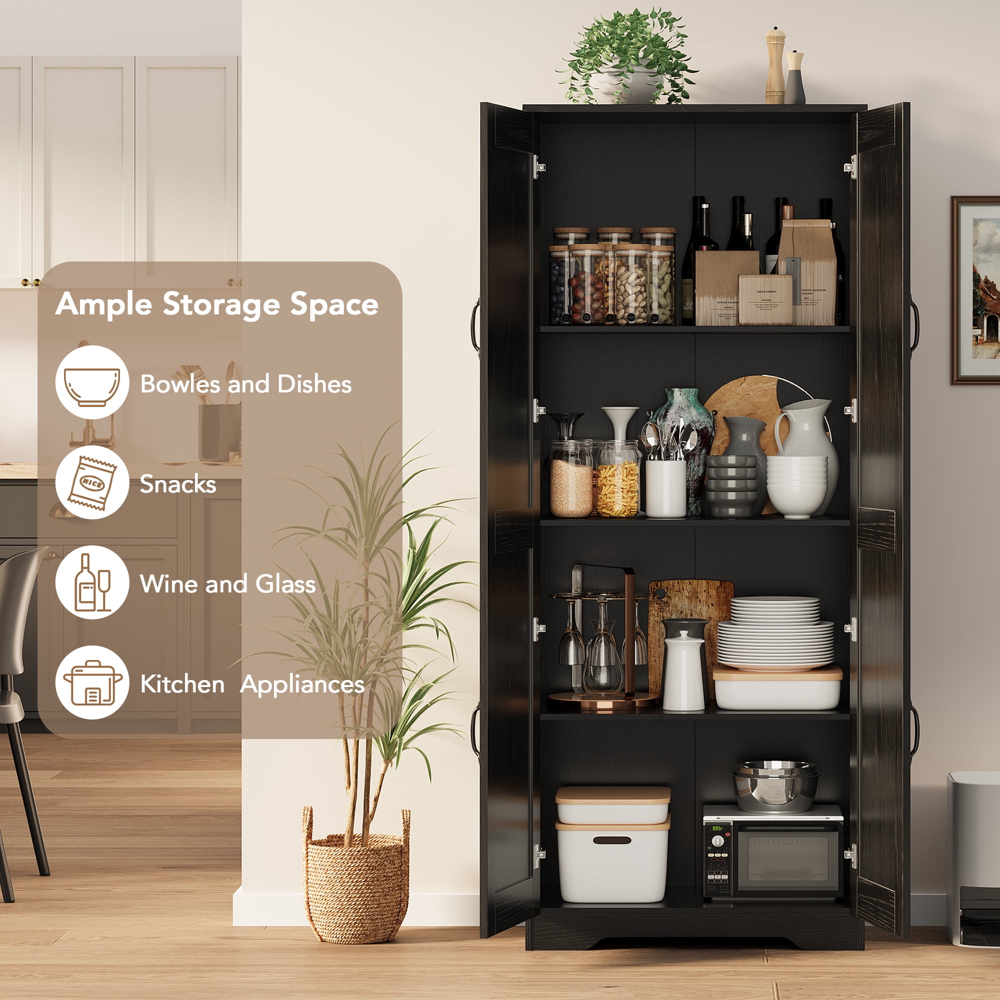 Tall Pantry Cabinet, 60" Kitchen Storage Cabinet with 2 Doors & Adjustable Shelves, Freestanding Wooden Cupboard for Bathroom，Dining Room, Living Room,Black
