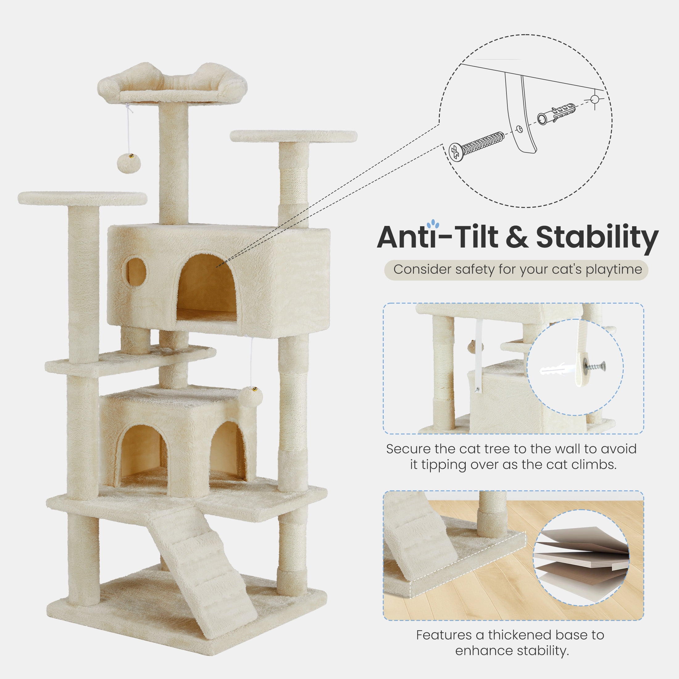 MCQ 54" Compact 4-Tier Cat Tower with Sisal Posts & Wide Top Platform – Space-Saving Tree for Indoor Cats, Cat Condo, Cat Condo, Beige