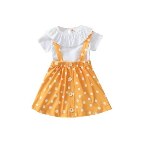 

Frobukio Kids Baby Girls 2Pcs Clothes Sets Ruffle Round Neck T-Shirt+Dot Printed Strap Skirt Summer Outfits Orange 6-12 Months