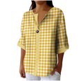 thumbnail image 3 of Craaazy Women Plus Size Tops Loose Fit Plaid V Neck Single Button 3/4 Sleeve Casual Shirts for Daily Wear Gift, 3 of 5