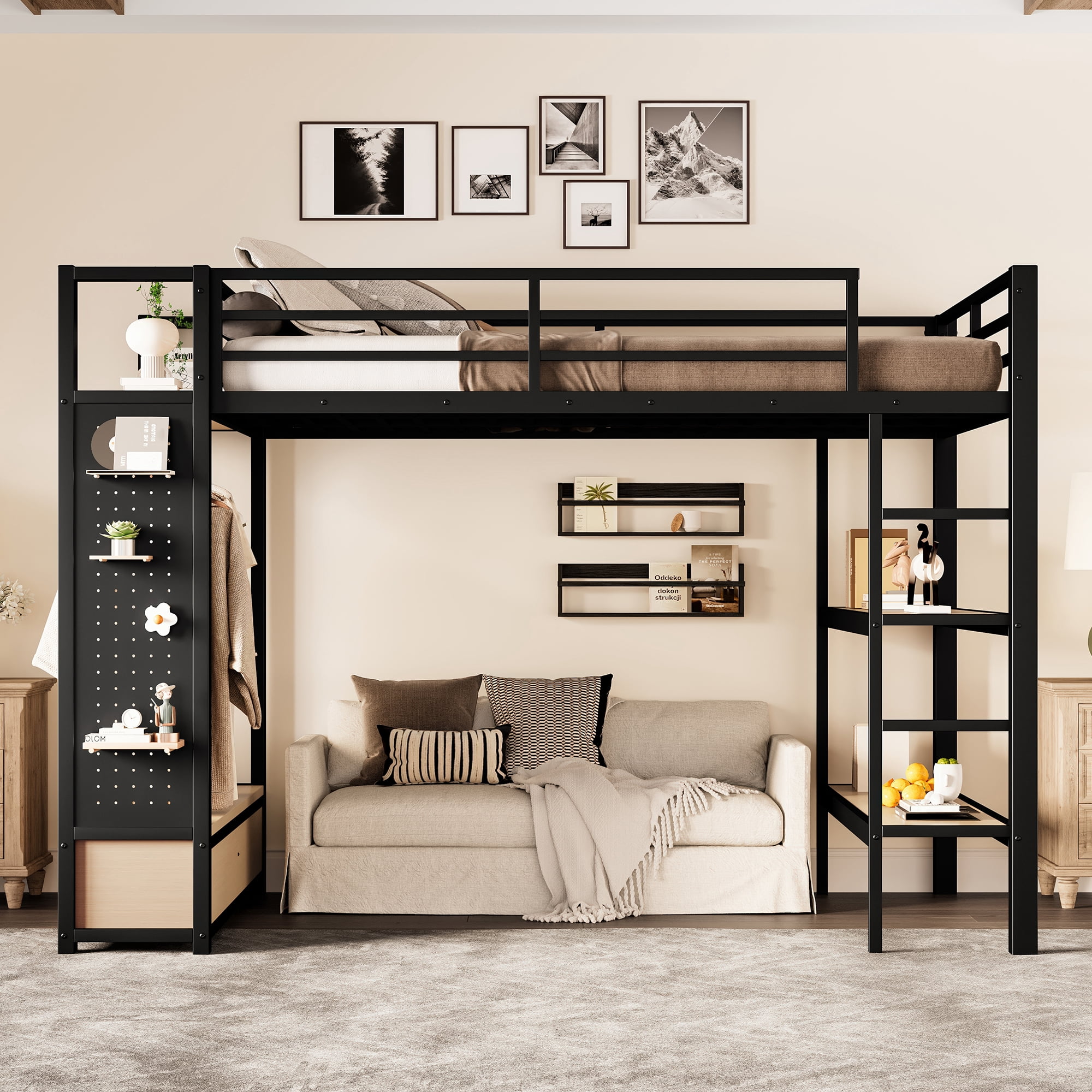 Mintazer Full Size Loft Bed with Pegboard and Wardrobe, Metal Platform Storage Bed with 2 Drawers & 4 Shelves for Bedroom Dorm, Black