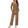 thumbnail image 2 of FRSASU Pajama Sets for Women 2 Piece Lounge Set Round Neck Button up Long Sleeve Tops and Long Pants Soft Comfy Sleepwear Outfits Coffee, 2 of 7