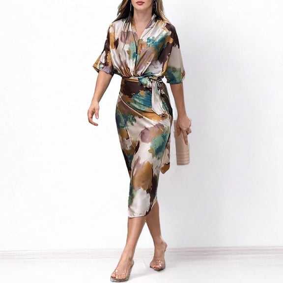 Elegant Wrap Dress With Abstract Print In Multicolor Satin Finish