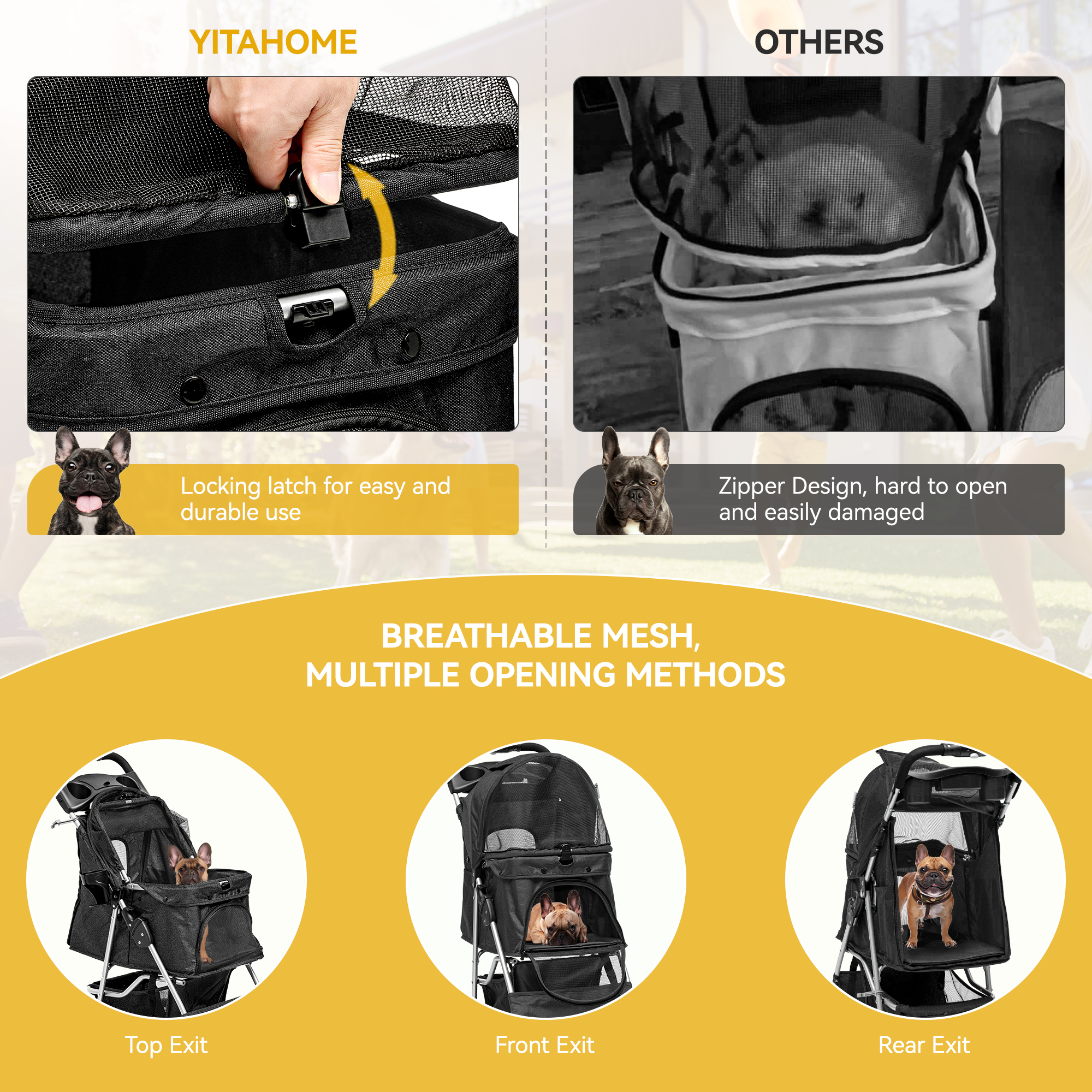 Dextrus 4-Wheel Foldable Dog Stroller with Storage Basket & 360° Rotating Wheels – Lightweight Pet Stroller for Small to Medium Dogs and Cats, Black