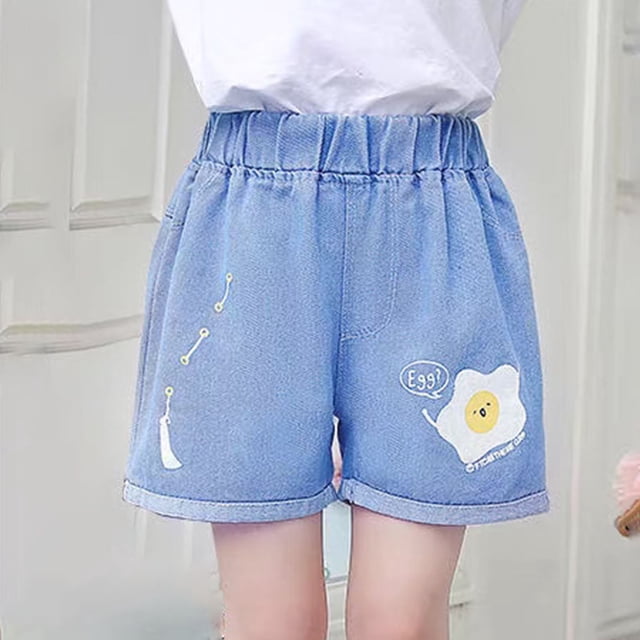 Shorts en Jean Confortables pour Filles, Printemps et Été, Imprimé Mignon, Poche, Taille Élastique