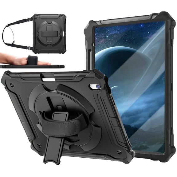 Lmcpa Case for New iPad Air 13 inch M3 2025/M2 2024, Full Body Shockproof Cover with 360° Swivel Hand Strap/Pencil Holder/Shoulder Strap/Kickstand, Black