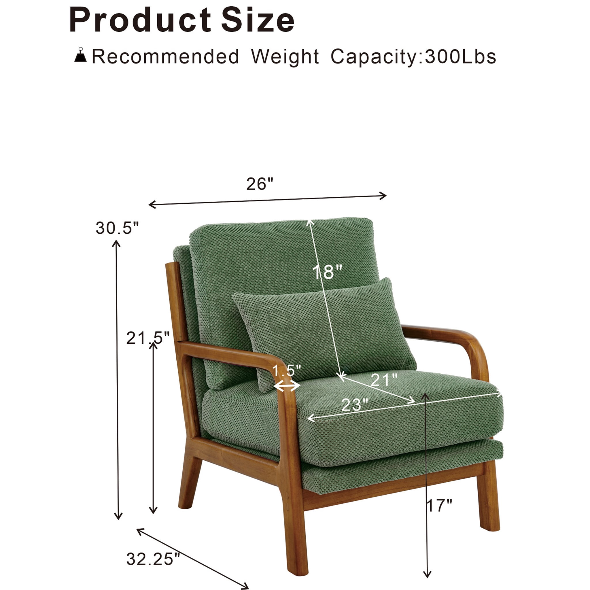Homy Casa Mid-Century Accent Chair, Comfy Upholstered Reading Chair with Solid Wood Arms, Green