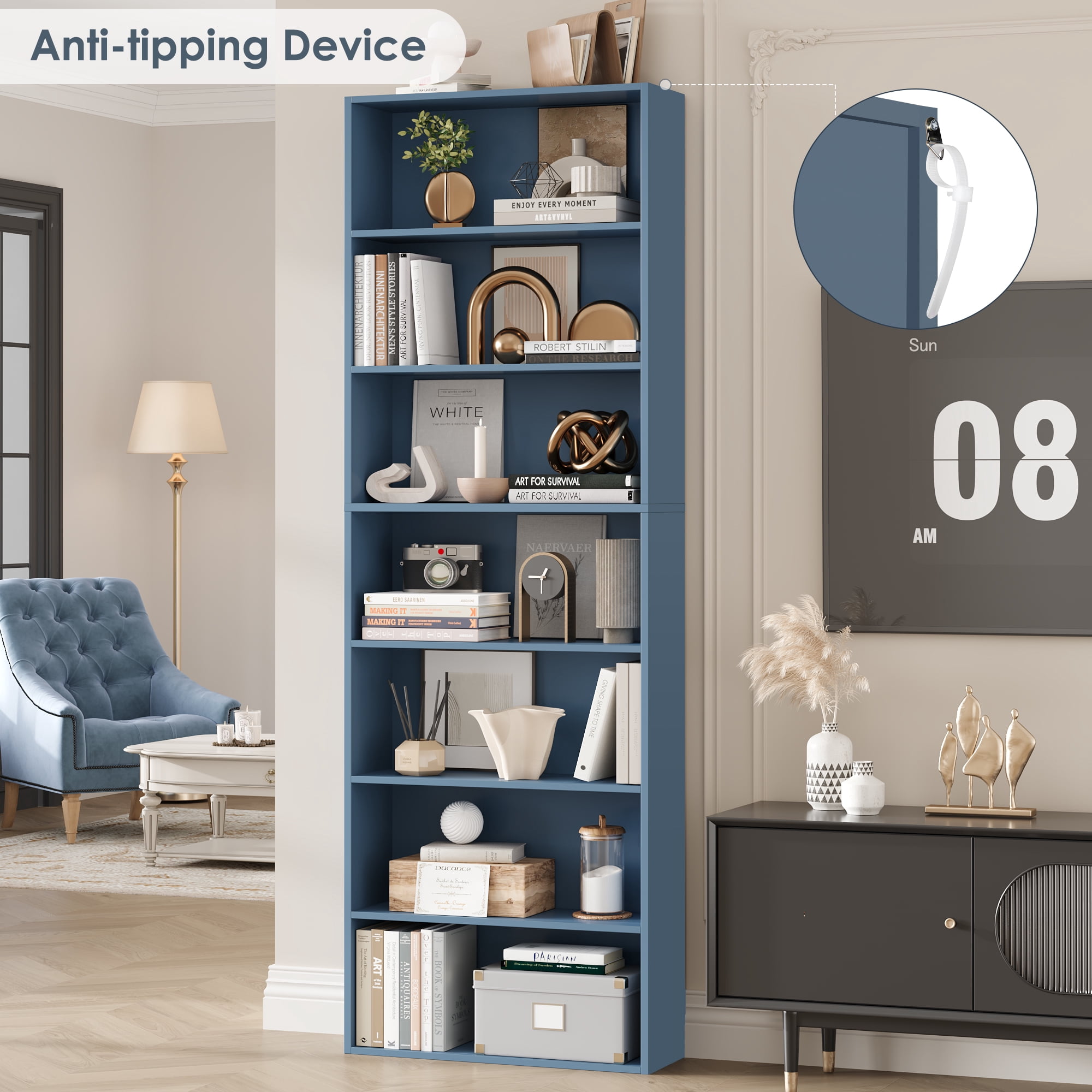 Homfa 82" Tall Bookcases Set of 2, Freestanding Display Storage Shelves, 7-Tier Open Bookshelf for Home Office Living Room Bedroom, Blue
