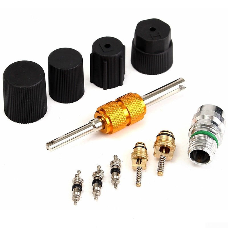 R134a Brass Car Air Conditioning Valve Core A/C System Caps Kits W/ Remover Tool